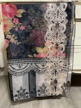 Floral Lace Accent Scarf - Black, Pink, Cream 8ft x 41”